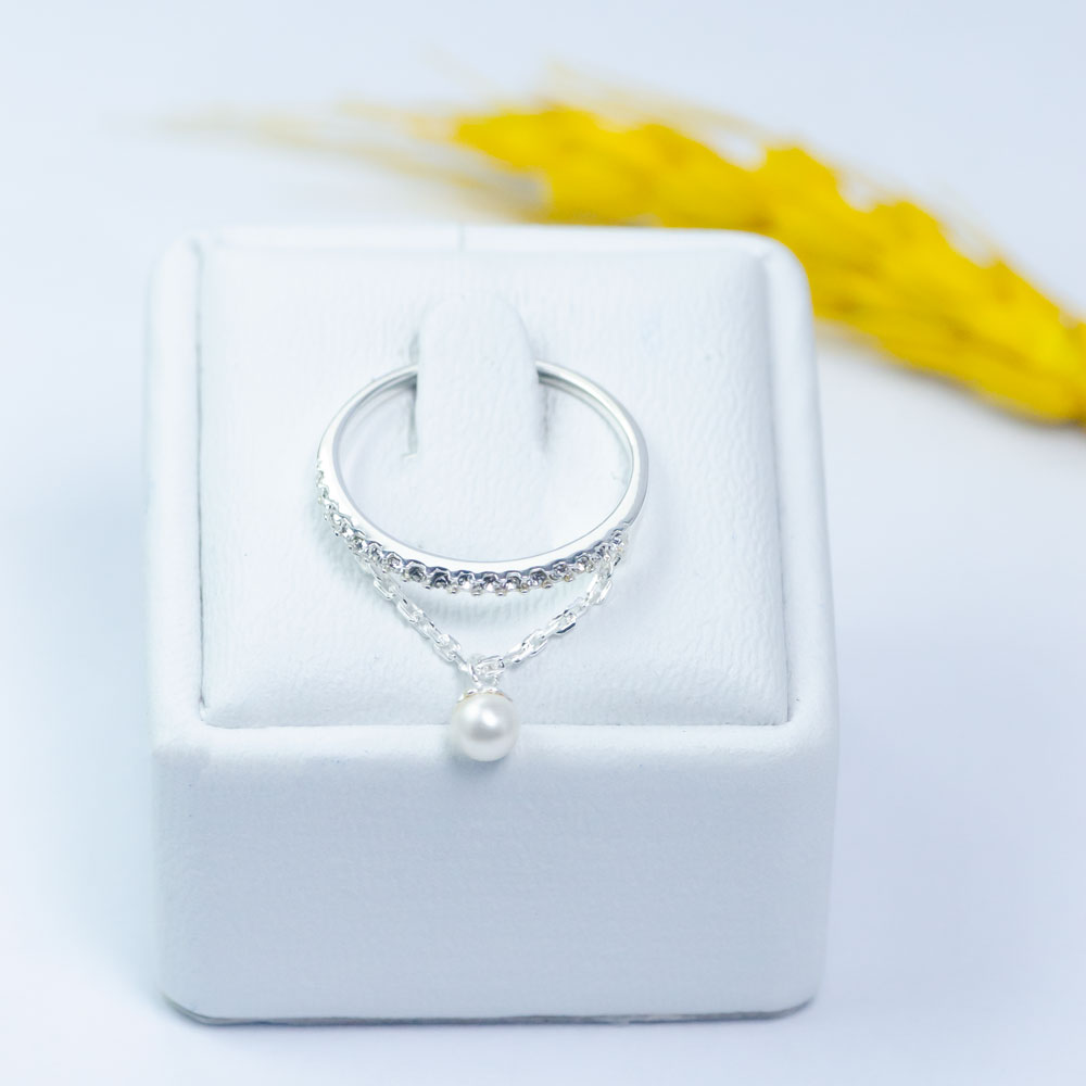 Nhẫn bạc nữ NgọcHY, Nhẫn ĐÁ KẾT ĐÁ CZ 1,5mm PHỐI DÂY TREO NGỌC TRAI Ni54